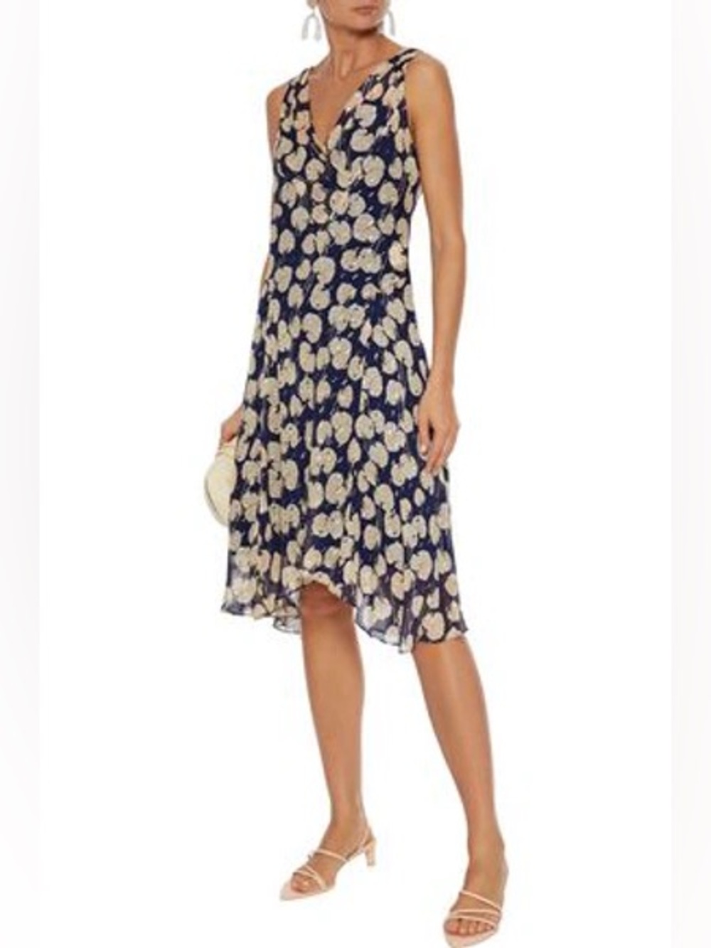 Diane Von Furstenberg silk floral sleeveless wrapped dress, navy size medium
